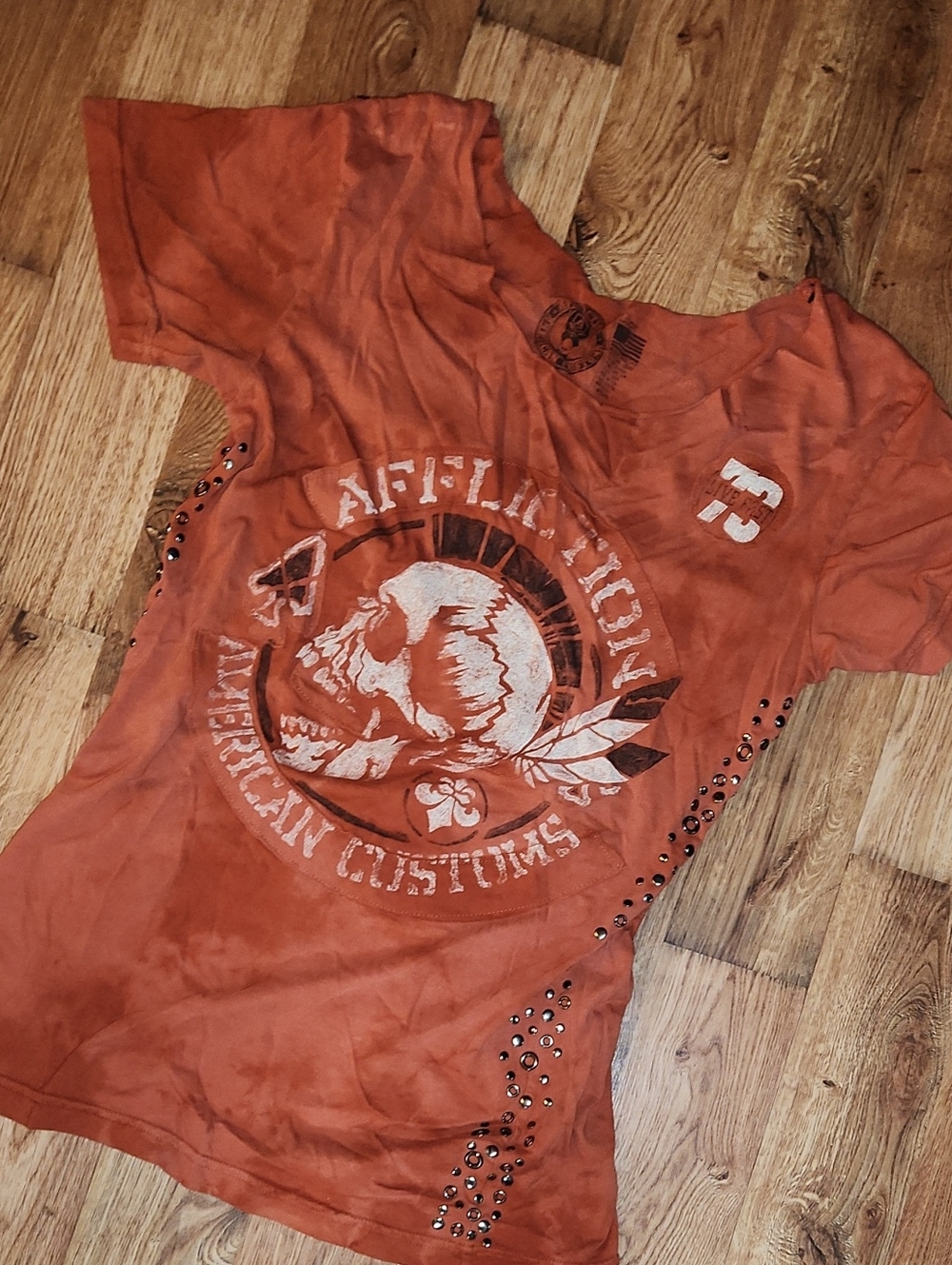 Y2K Affliction Rust Orange Skull Graphic Stud Tee